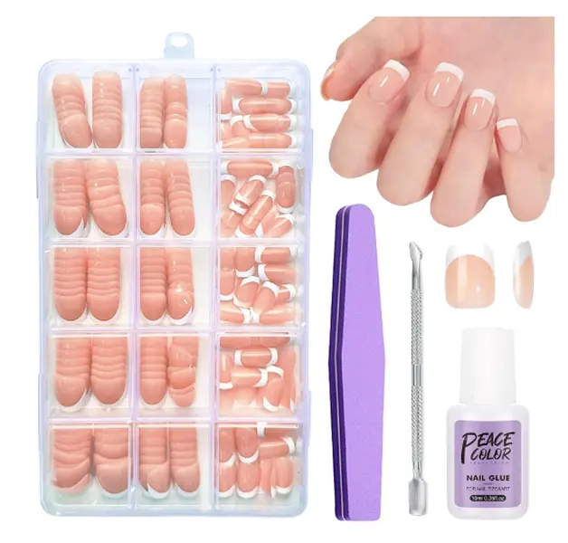 240Pcs Square Press On Nails Short with Glue - Fake Nails White Tip French False Nail Kit for Women Girls French Nail Art - Nail Care, Nail Polish