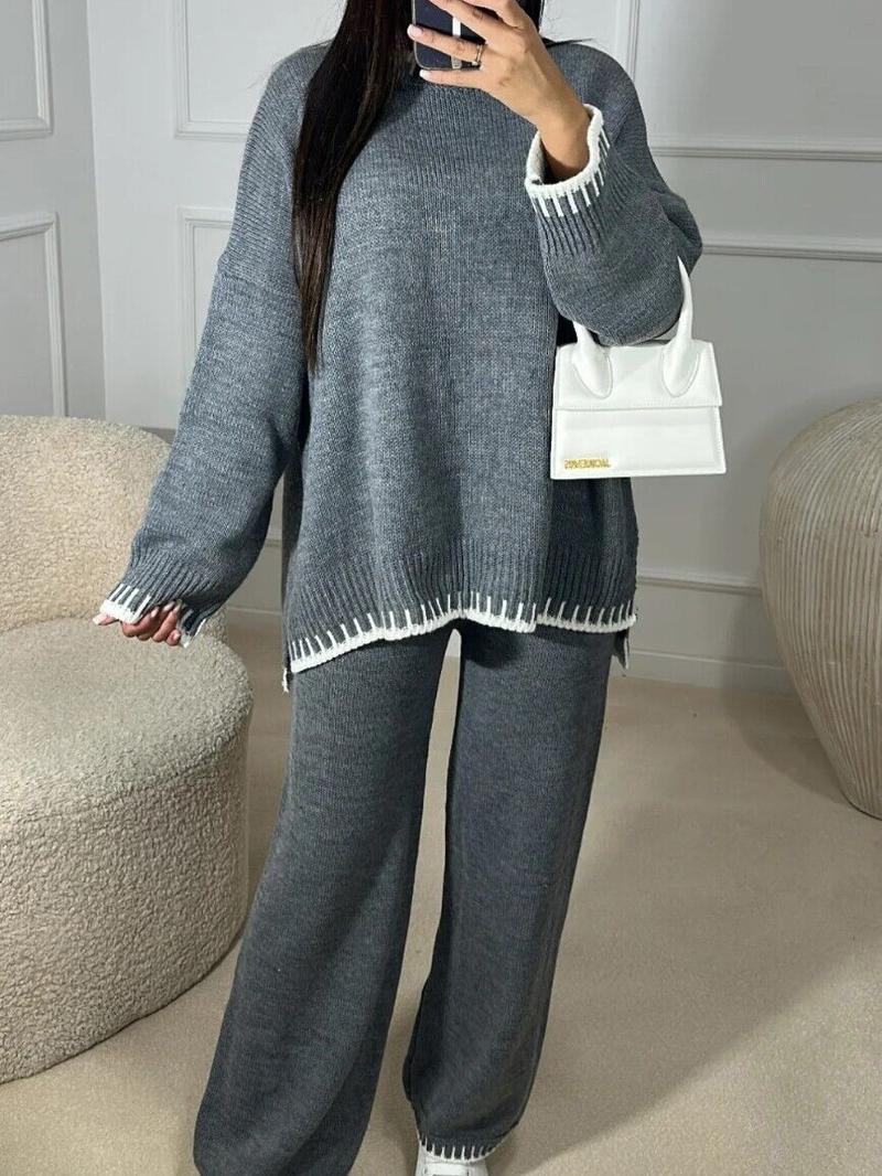 Product Introduction of Women's Stitched Knitted Jumper Top Wide Leg Trousers 2PCS Co ord Loungewear Set Long Sleeve Winter Basic Comfort Womenswear Casual Comfortable Coord Fit Overalls 0