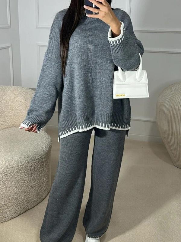 Women's Stitched Knitted Jumper Top Wide Leg Trousers 2PCS Co ord Loungewear Set Long Sleeve Winter Basic Comfort Womenswear Casual Comfortable Coord Fit Overalls 0