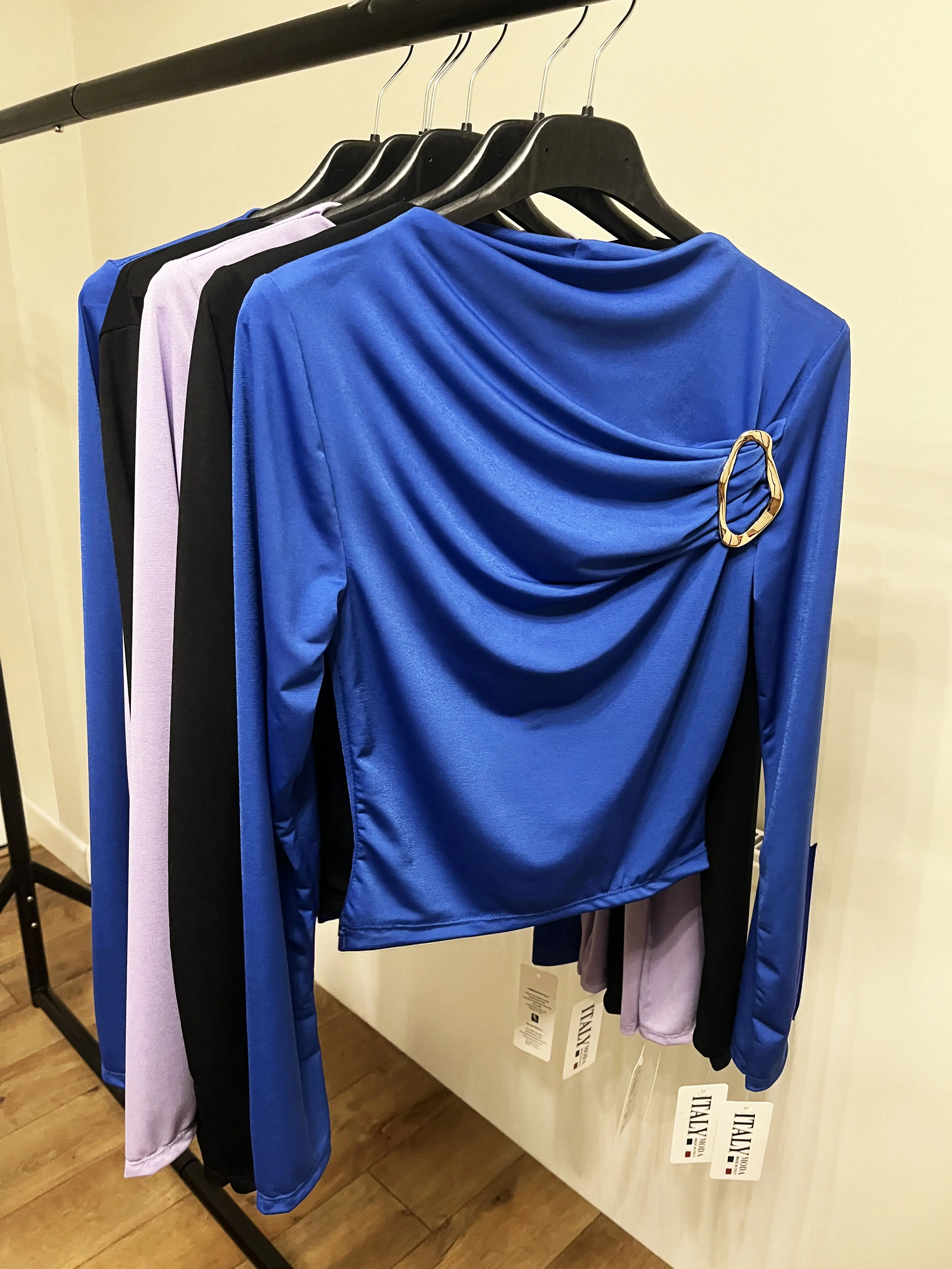 Draped Basic Top with Gold Buckle – Chic & Elegant Long Sleeve Shirt | Minimalist Style, Comfort & Versatile Formal or Casual Outfit