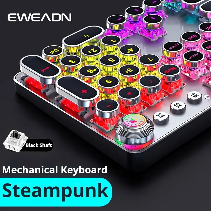 EWEADN Steampunk Mechanical Gaming Keyboard - 104 Keys Full Size, All-Metal Panel, Colorful LED Backlit, USB Wired, Ergonomic Design with Multimedia Knob, Black Switches, Ideal for Gamers and Office Use, Keyboard Gaming