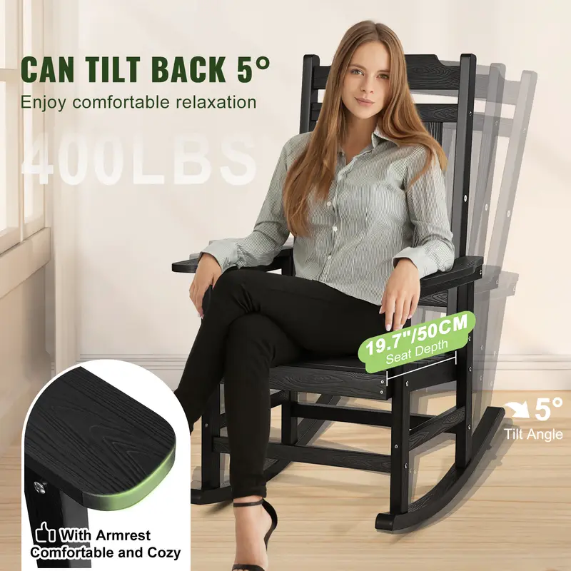 VEVOR Porch Rocker, HIPS Outdoor Rocking Chair, High Back Patio Rocking Chair with Smooth Armrests, Supports up to 400 lbs, for Garden, Balcony, Porch, Black 4