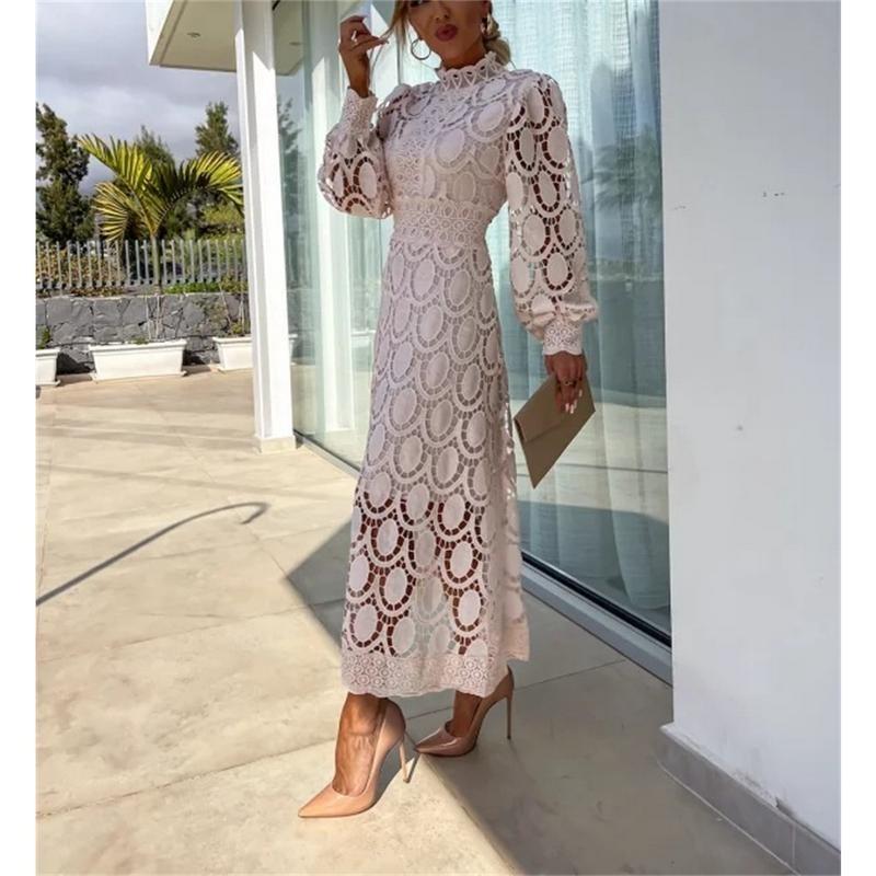 Lady Elegant New Lace Dress Stand Collar Lantern Long Sleeve Slim Vestidos Waist Temperament Fashion Office Commute Leisure Home 1