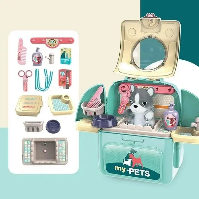 My Pet Care Play Set with Backpack, Pet Playset Grooming & Feed & Play Pet Treat Kit Preschool Toy Educational Gifts, 2 in 1 Pre-Kindergarten Toys for Girls Boys Blue (Dog) 2