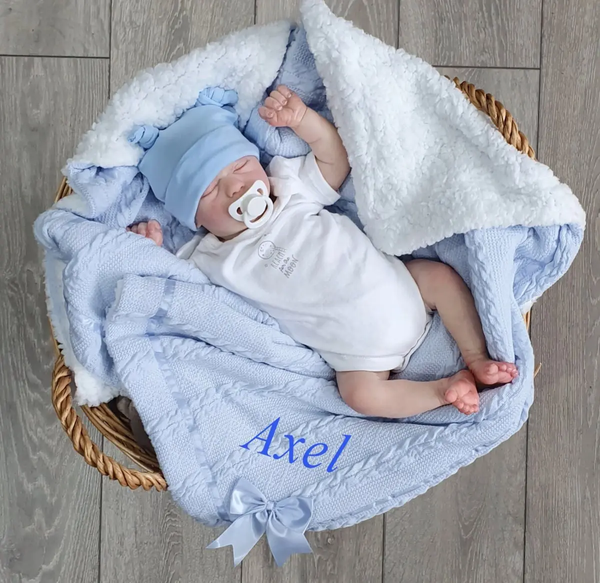 Personalised Blue Baby Blanket with Bow - Sherpa Fleece Lining - Satin Edge - 100% Polyester