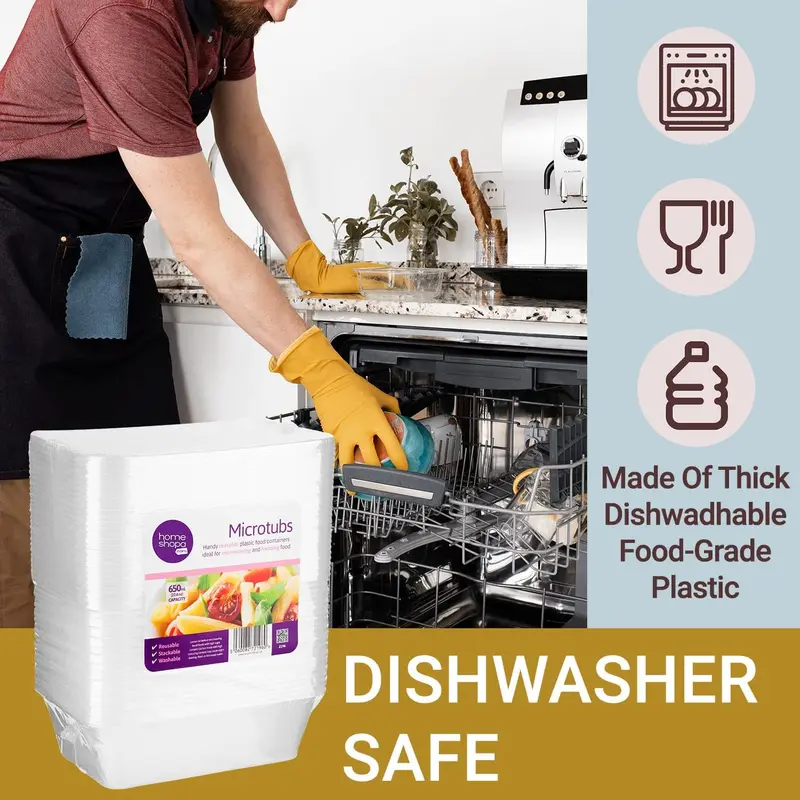 HOMESHOPA 650ML  Microwave Food Containers 25 or 50Clear Plastic Tubs with Lids Safe Takeaway Quality Kitchen Rectangular Utensils clear  takeaway Disposable 6