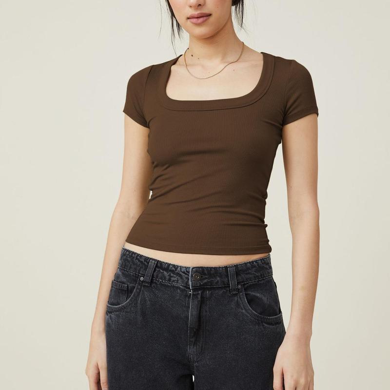 KatchMe Women's Versatile Solid Color Square Neck Slim Ribbed Crop Top,Basic Minimalist Womenswear,Casual Plain Tshirt for Spring & Summer 1