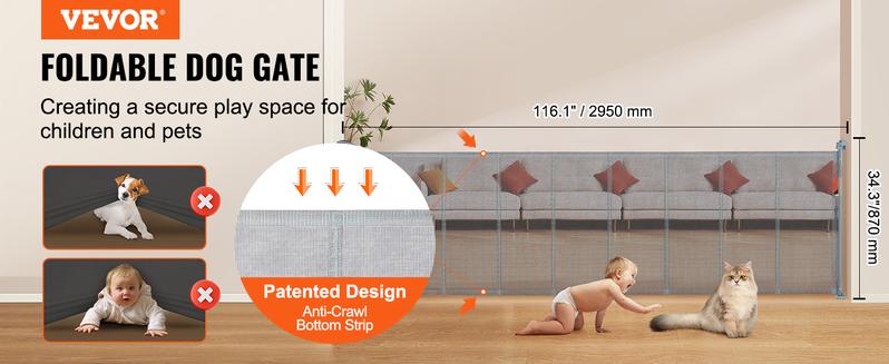 Product Introduction of VEVOR Retractable kid Gate, 34.2" Tall Mesh kid Gate, Extends up to 116.1" Wide Retractable Gate for Kids or Pets, Retractable Dog Gates for Indoor Stairs, Doorways, Hallways, Playrooms, Gray 1