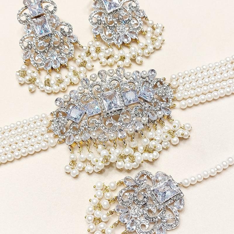 Zircon Choker Set with Real Stone MJB 045 - Bridal Set with Earrings,Tikka, and Pearls Bandhai Necklace 9