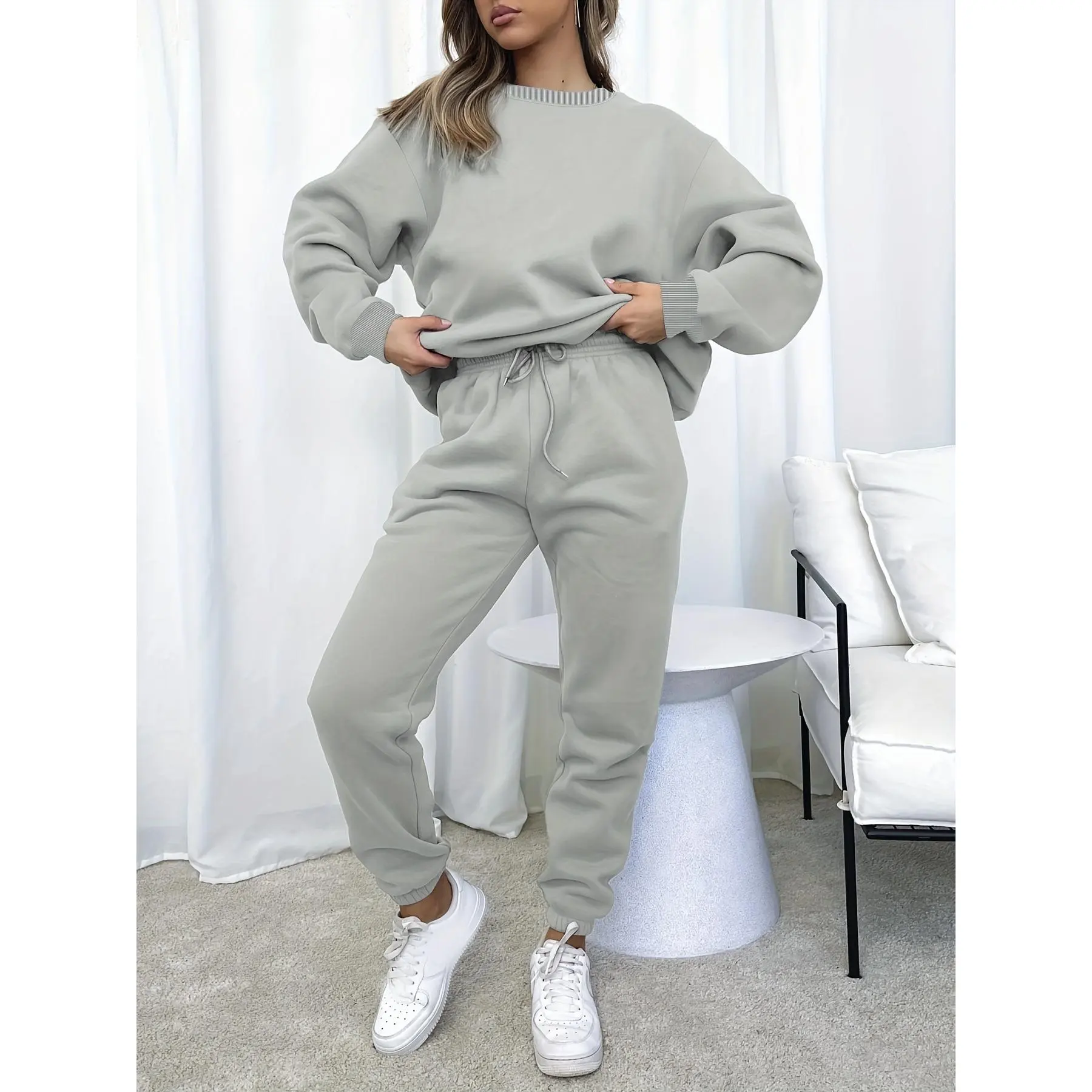 Two-Piece Solid Color Crew Neck Long Sleeve Top and Drawstring Jogger Pants Set - Soft Micro Elasticity Polyester Fabric, Pocket Details, Casual Wear for All Seasons