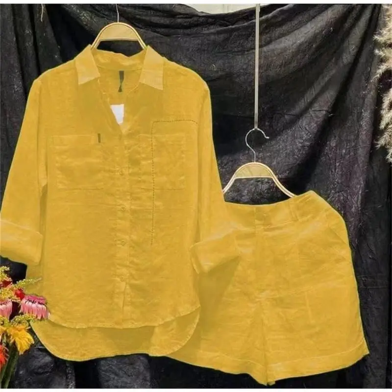 Women's Solid Color Shirt Shorts Set Spring Summer Loose Long Sleeved Stand Collar Casual Fashion Office Home Two Piece Sport