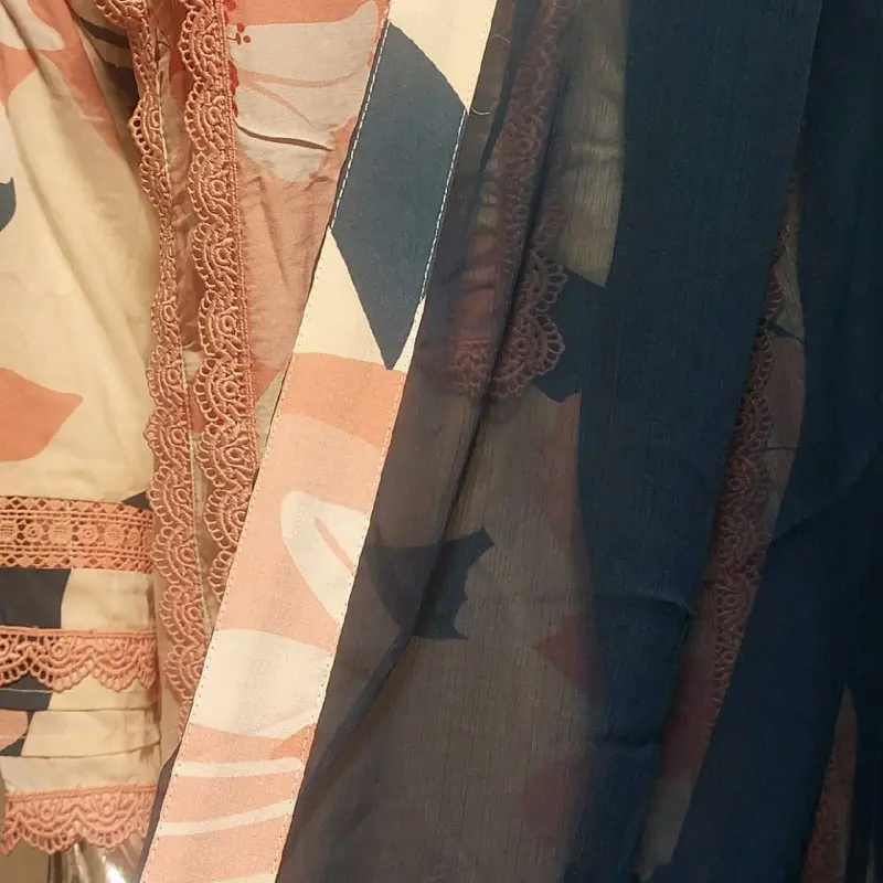 Asian Style 3pc women causal wear. boski lenen fabric and shifoon dupata ivory colour with navy blue dupata. beautiful lace work on shirt and trousers. 7