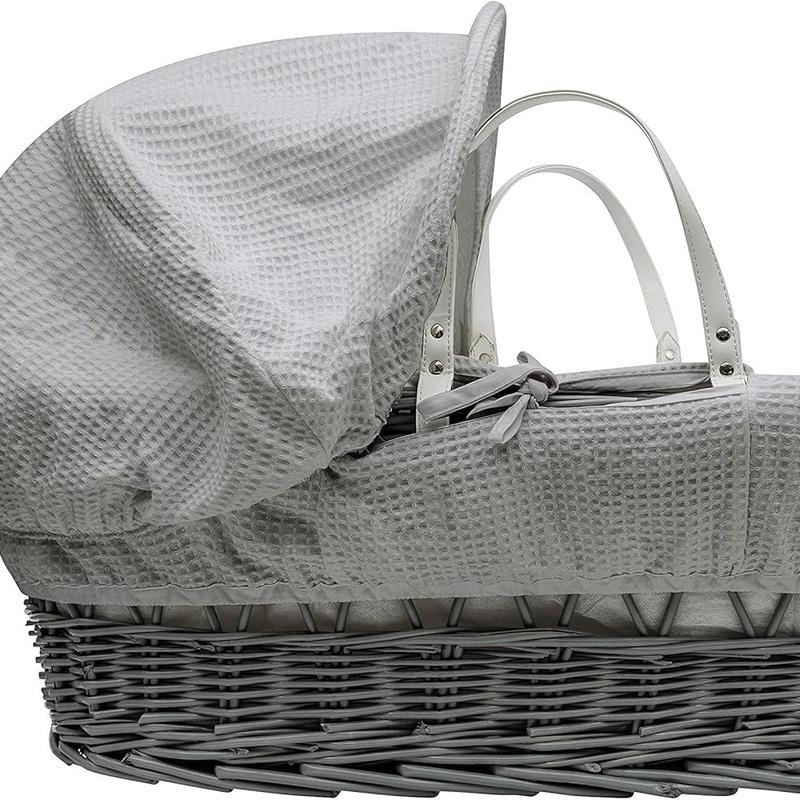 BABY Grey Waffle Grey Wicker Moses Basket with Chester Grey Rocking Stand, Adjustable Hood, Fibre Mattress & Padded Liner 3