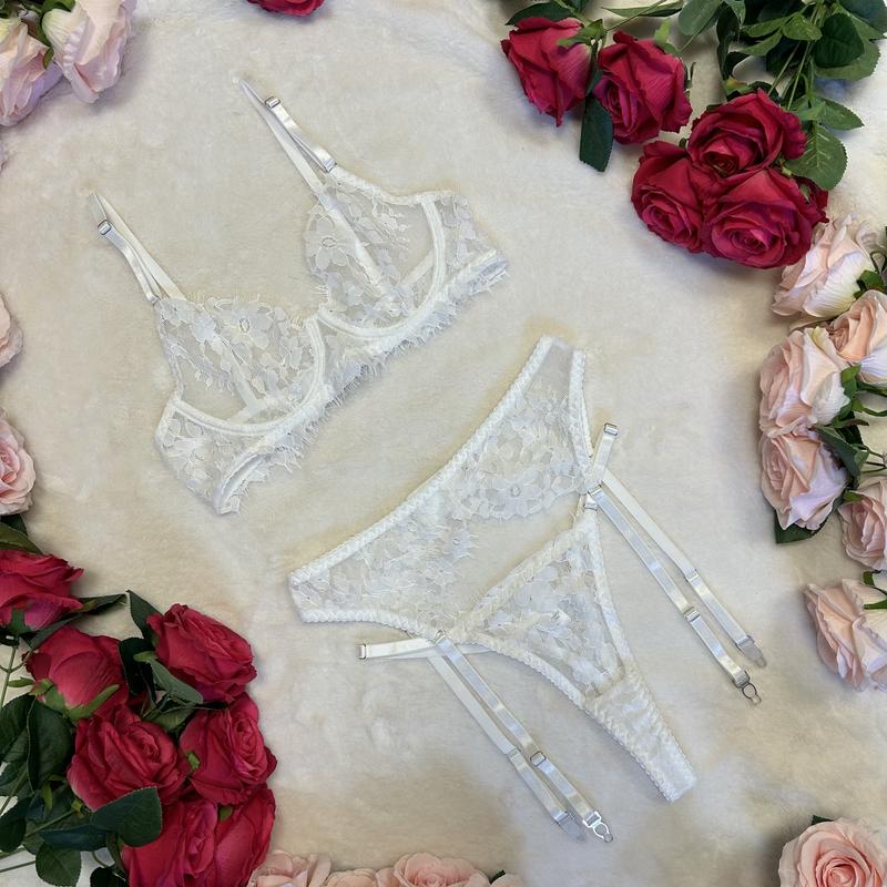 LILIOSA LINGERIE High Quality White Lace 3 Piece Lingerie Set (Bra+Garter+Pants) Comfort Womenswear Underwear, Everyday Feminine Thong, Bridal Matching Fit, Adjustable Spaghetti Straps, Soft Lace, Women's Clothing, Girl Gift 0