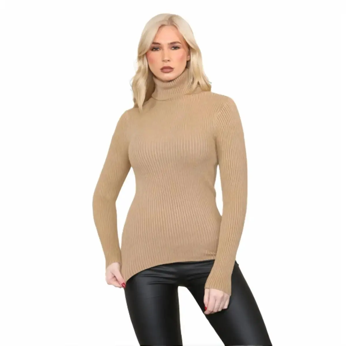 Ribbed Polo Neck Knitted Jumper Roll Neck Long Sleeves Clothes Comfort