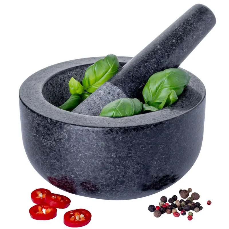 Homiu Granite Stone Pestle And Mortar Set - Large 16cm Diameter For Spice Herb Seed Crushing - Premium Kitchenware Utensils Bowl Grinding Reusable 0