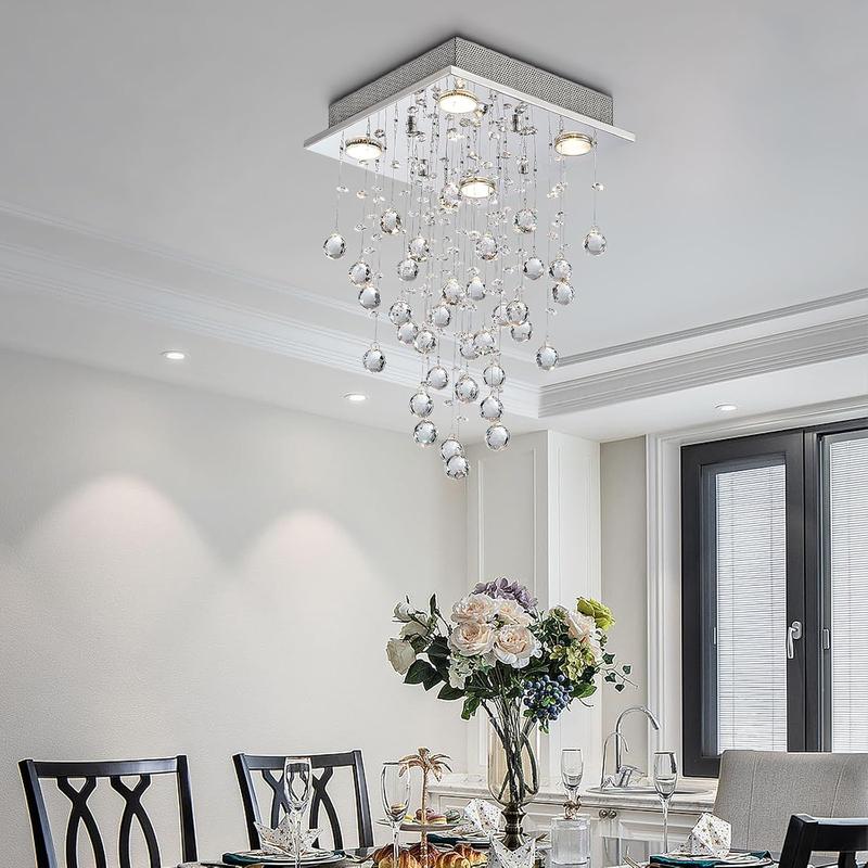 Modern Crystal Raindrop Chandelier, Flush Mount LED Ceiling Light for Dining Room, Bathroom, Bedroom, or Living Room, 4 GU10 LED Bulbs Required, Width 35cm, Height 50cm [Energy Class A+++] 6