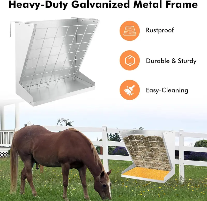 COSTWAY - Livestock Hay Rack, Large Capacity Hay & Grain Feeder with Food Saving Grid, Double Adjustable Hooks, Wall-Mounted Metal Forage Rack for Goats, Sheep, Horses, Rabbits 2