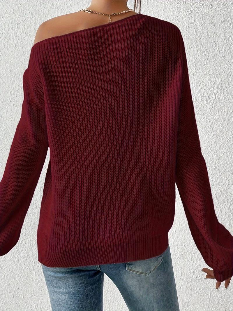 Product Introduction of 1pc Elegant Asymmetrical Neck Acrylic Knit Sweater for Women - Solid Color Off-Shoulder Pullover for Spring/Fall Knitwear Womenswear 10