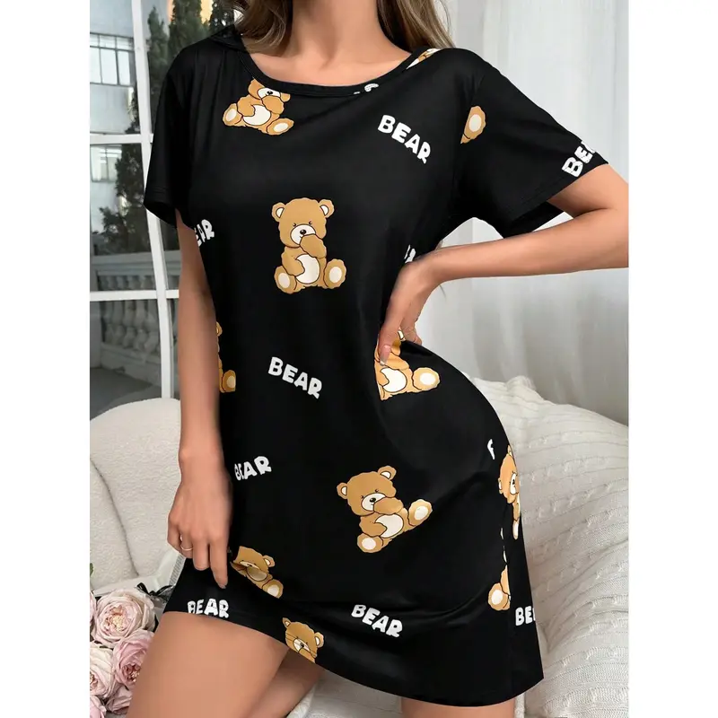 Women's Fashionable Cute Bear & Letter Printed T-Shirt Sleep Dress Pajama Dress Fabric Fit Loungewear Shortsleeve Nightwear Womenswear Day Homewear Pjs Black 2
