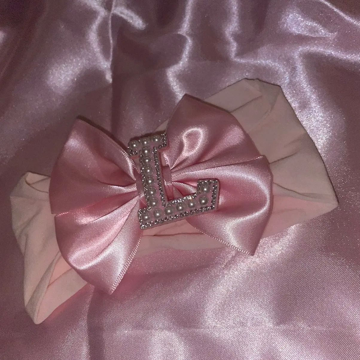 Handmade Personalised Baby Girl Bow Headband With Pink Diamanté Initial Letter