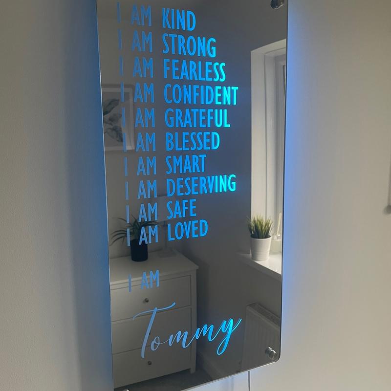 Custom Affirmations LED Name Mirror | Personalised Light Up Mirror Sign | Light Up Wall Sign | I AM Mirror | Multiple Colour Options | Remote Included 4