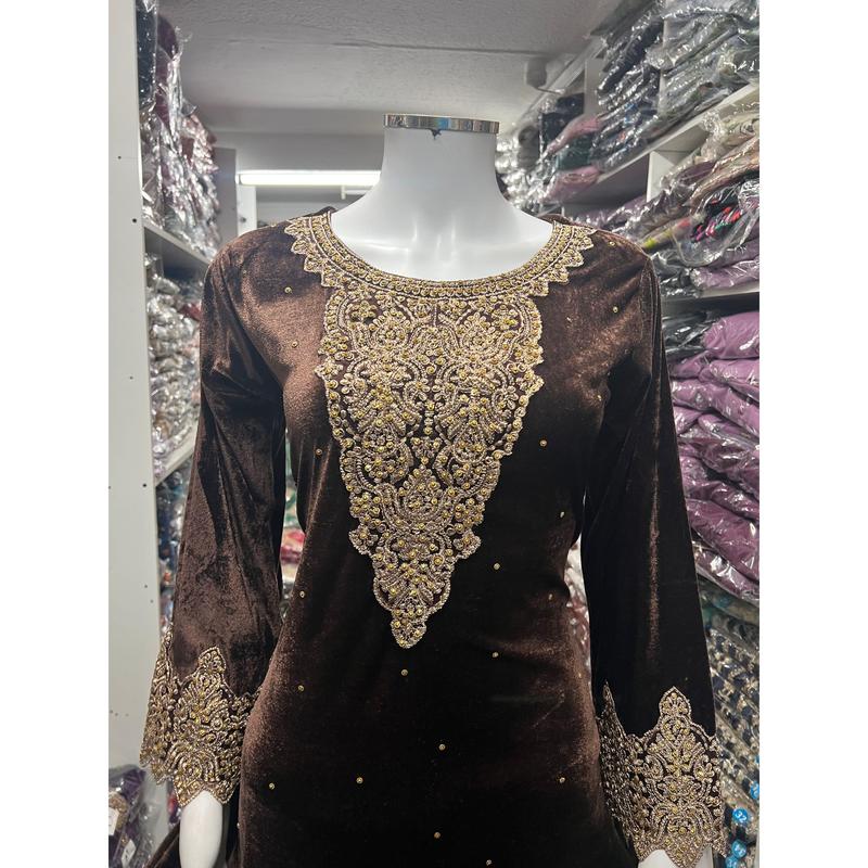BROWN-Beautiful Velvet Embroidered Ready To Wear 3pc Frock With Chiffon Duptta 1