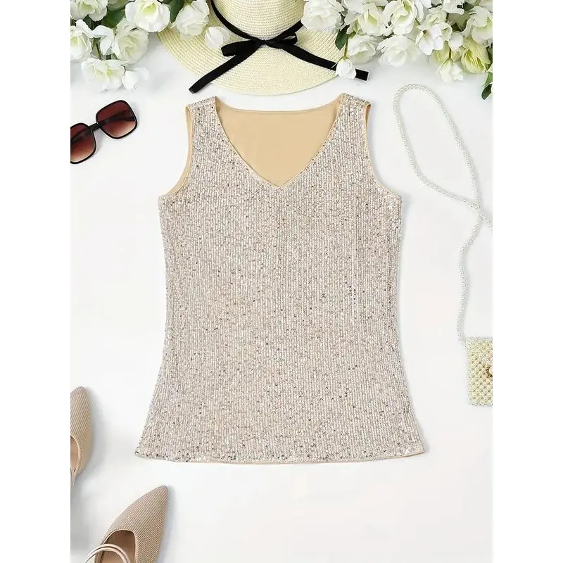 Blouses & Shirts, Womenswear Top Sleeveless Vneck Comfort Sequined V Neck Elegant Tank Top, Women's Sleeveless Clothing,Womens Full Sequin Tank Tops Glitter Club Party Sleeveless Shirt Sparkle Blouses V-Neck Loose Shimmer Vests. Basic Minimalist 5
