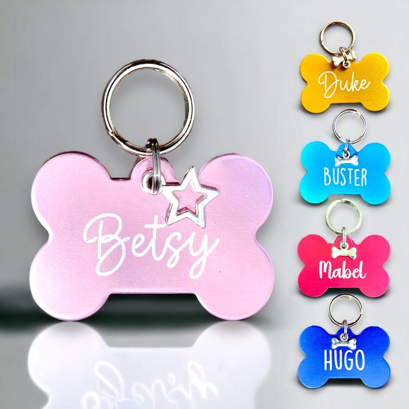 Dog Tag Personalised Laser Engraved Double Sided Pet ID Tag Customised Puppy Gift UK Bone Dog Tag with Charm 0
