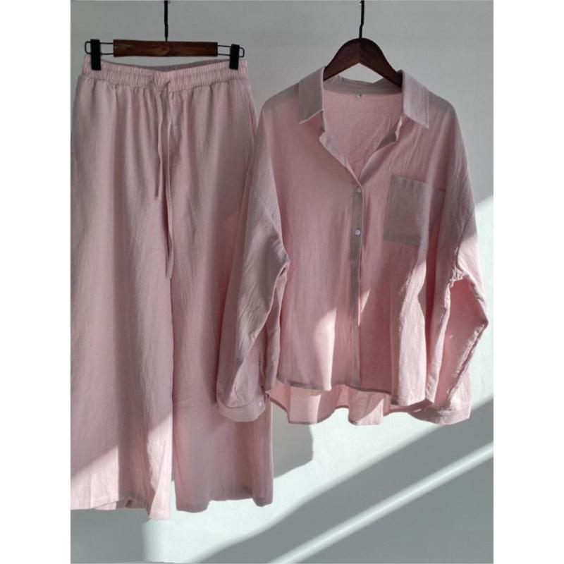 Autumn Women's Clothing 2025 New Fashionable Retro Cotton Linen Shirt High Waist Loose Long Sleeved Lace Up Pants Two-piece Set 2