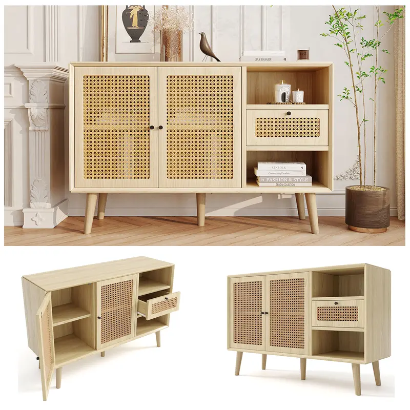 Modern simple sideboard 120*40*80cm, light-colored wooden woven door design, with drawers and unique legs, creating a warm and comfortable home atmosphere 4