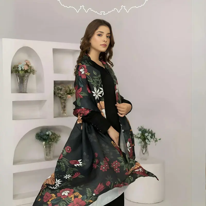 3 Pcs Dyed Twill Linen with Digital Printed Pashmina Shawl | Winter Collection | SIMRANS 3