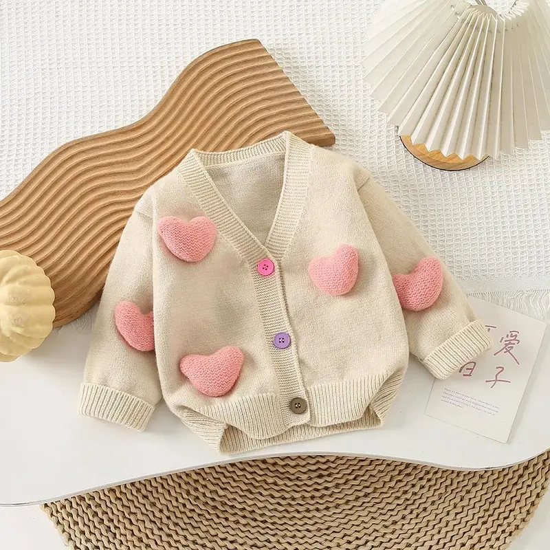 2-7Y Girls Clothing Set 3D Heart Sweaters And Tulle Skirts 2 PCs Knit Suits Girls Knit Cardigans 3