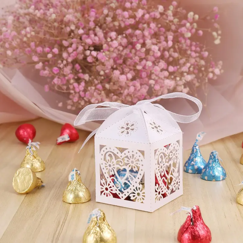 50 x Party Favour Box (5 x 5 x 7 cm) Laser Cut Wedding Favour Box White Candy Box for Wedding Favours for Guests Wedding Decoration for Weddings, Christenings, Birthdays 3