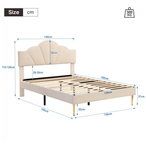 Velvet upholstered bed,90*190cm/ 135*190cm/ 150*200cm, shell-like bed with golden iron legs, height-adjustable headboard, wooden slatted frame, Beige 7