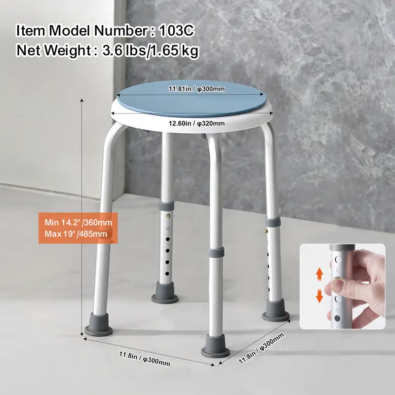 VEVOR Shower Chair for Inside Shower, 360 Degree Swivel Shower Seat, Adjustable Height Shower Stool, Non-Slip Bench Bathtub Seat Stool for Elderly Disabled Adults Handicap, 300 lbs Capacity Aluminium Lightweight 5