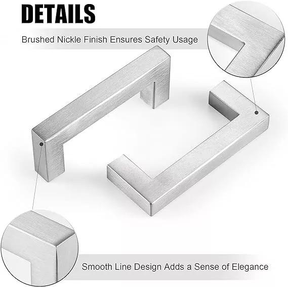 CZC HOME 15 Pack Cabinet Handles, Stainless Steel Drawer Square Drawer Pulls, 76mm Hole Center Cupboard Handles with 2 Sizes Screws for Kitchen Dresser Door Brushed Nickel 6