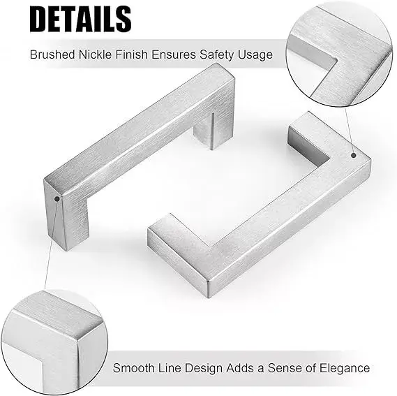 CZC HOME 15 Pack Cabinet Handles, Stainless Steel Drawer Square Drawer Pulls, 76mm Hole Center Cupboard Handles with 2 Sizes Screws for Kitchen Dresser Door Brushed Nickel 6