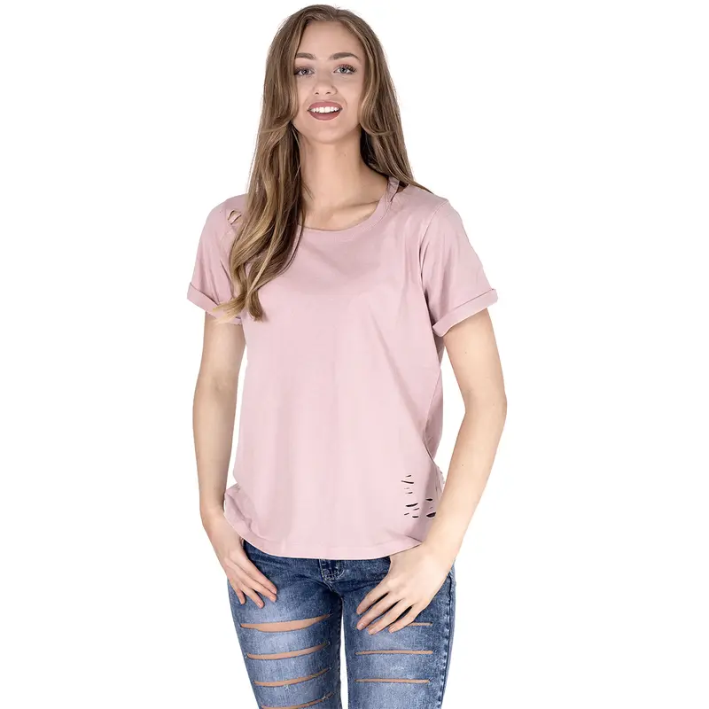Noroze Women's Short Sleeve Plain T-Shirts Distressed Ripped Holes Nibble Cut Out Rounded Neck Casual T-shirt UK Sizes 6-18 7