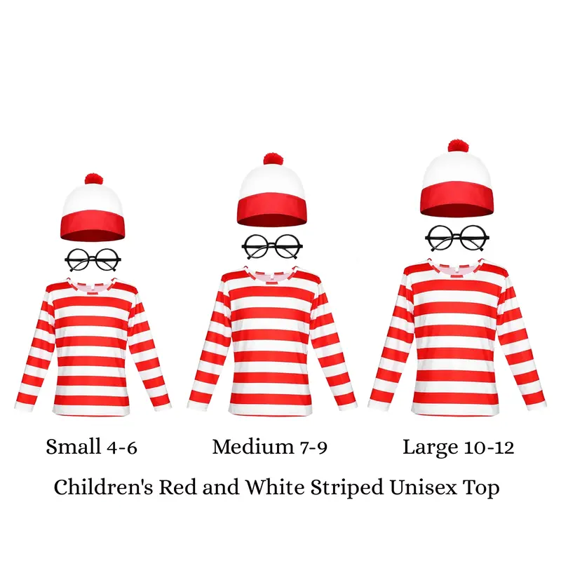 Wally Boys & Girls Unisex Red & White Striped T-Shirt, Hat & Glasses | Kids Children's Fancy Dress Costume For Book Week Day, School Cosplay Party 5