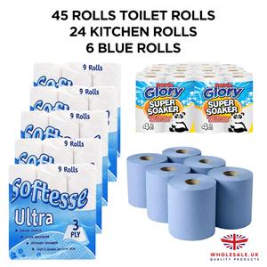 45 x Toilet Rolls 3ply, 24 x Kitchen Rolls, 6 x Blue Rolls,  Luxury Quilted, Soft and Gentle, Flushable Eco-friendly Disposable Sustainable, Family Sheets Wipes soft bathroom Set