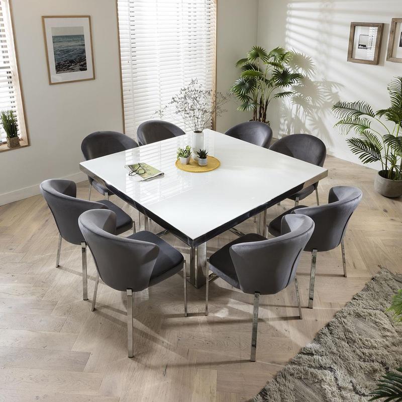 8 Seater Square Table & Velvet Chairs Dining Set Grey 1