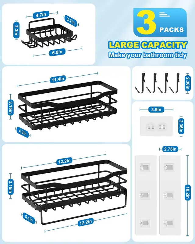 Shower Caddy Shelf Storage Bathroom Organiser Shelves No Drill with Soap Holder, Black Stainless Steel Adhesive Shower Rack Accessories with 4 Hooks for Bathroom Kitchen Organization 2+1 Pack 2