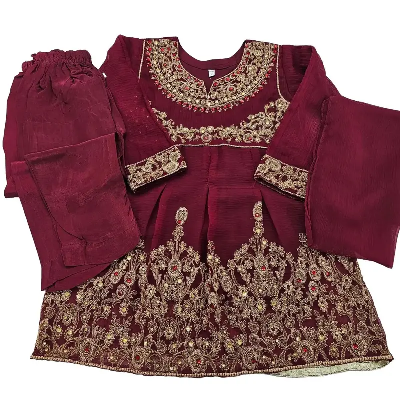 Girls Pakistani Embroidered Chiffon Dress Top With Trouser 7