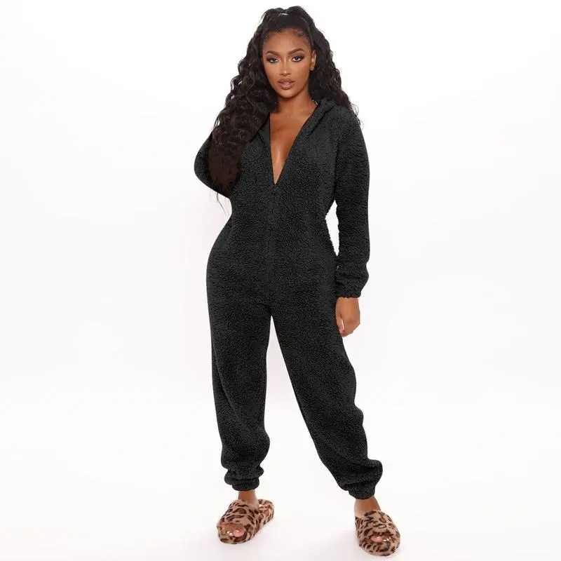 Women's Plush Fleece Pajama Jumpsuit Hooded, Zip-Up, Easy Care, Solid Color, Casual Lounge Onesie for Fall/Winter. Pajama Set Comfort Loungewear Nightwear Womenswear Homewear Pjs Long Sleeve Basic Minimalist Pyjamas 3