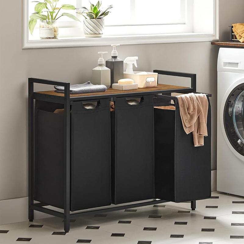 SONGMICS HOME Laundry Basket with Storage Shelf, 2/3-Compartment Laundry Hamper, Pull-Out and Removable Laundry Bags, Laundry Sorter, Shelf, Metal Frame, 2 x 46L, 3 x 38L, Light Organiser Plastic Adjustable Steel 5
