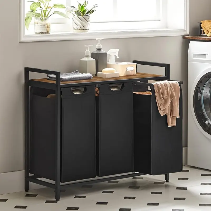 SONGMICS HOME Laundry Basket with Storage Shelf, 2/3-Compartment Laundry Hamper, Pull-Out and Removable Laundry Bags, Laundry Sorter, Shelf, Metal Frame, 2 x 46L, 3 x 38L, Light Organiser Plastic Adjustable Steel 5