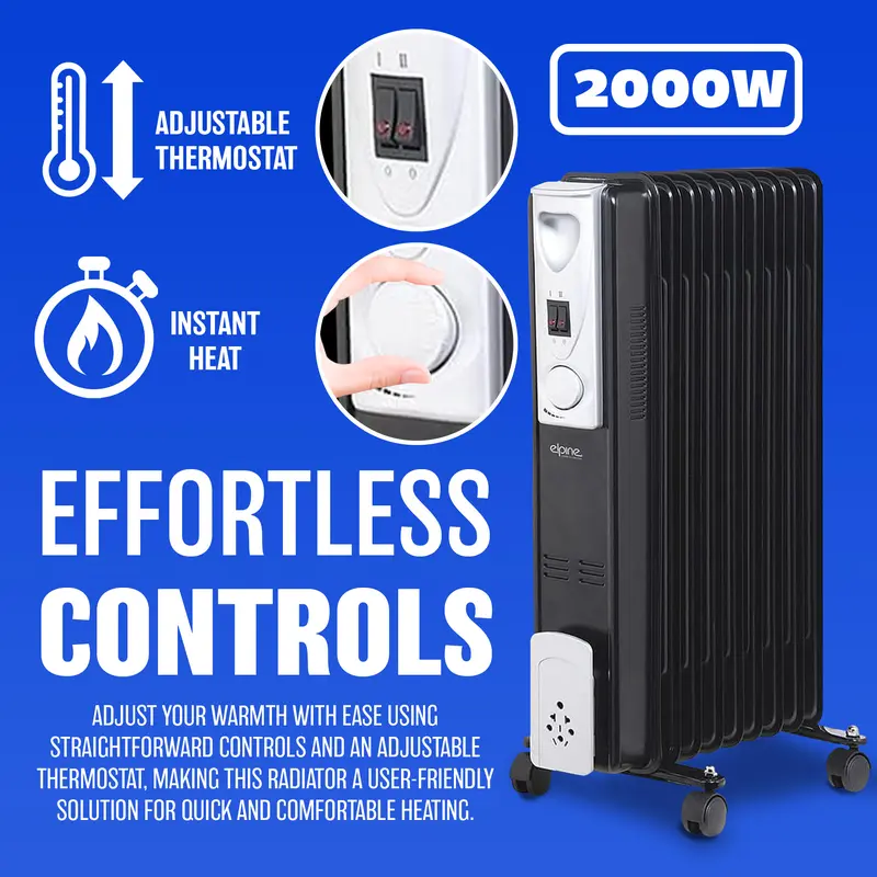 2000W 9 Fin Portable Oil Filled Radiator Heater Electric Adjustable Home Black 0