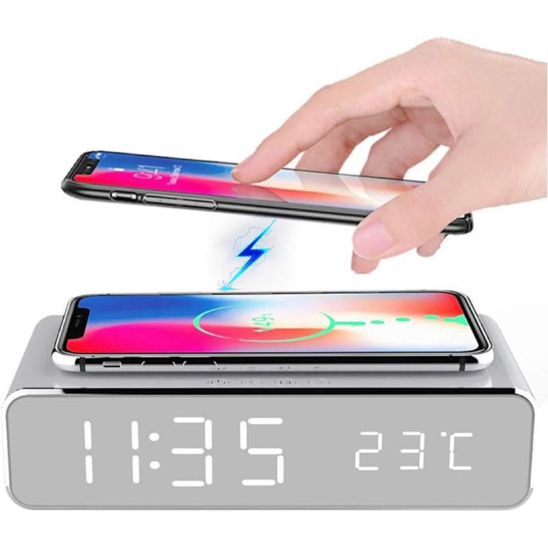 Digital Alarm Clock with Wireless Phone Charger 2 in 1 Bedside Alarm Clock Wireless Charger with Temperature Super Fast USB Rechargeable Non Ticking Mains Powered Charging Smartphone Electronic Cellphone Mobile Christmas Gift wireless charging station 1