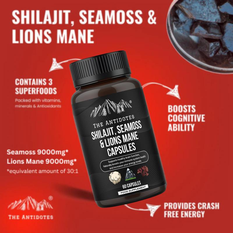 The Antidotes Adaptogen Blend | Shilajit 30:1, Sea Moss 30:1 & Lion’s Mane 30:1 | 60 Capsules | Vegan, Organic, Himalayan Superfood for Wellness & Vitality